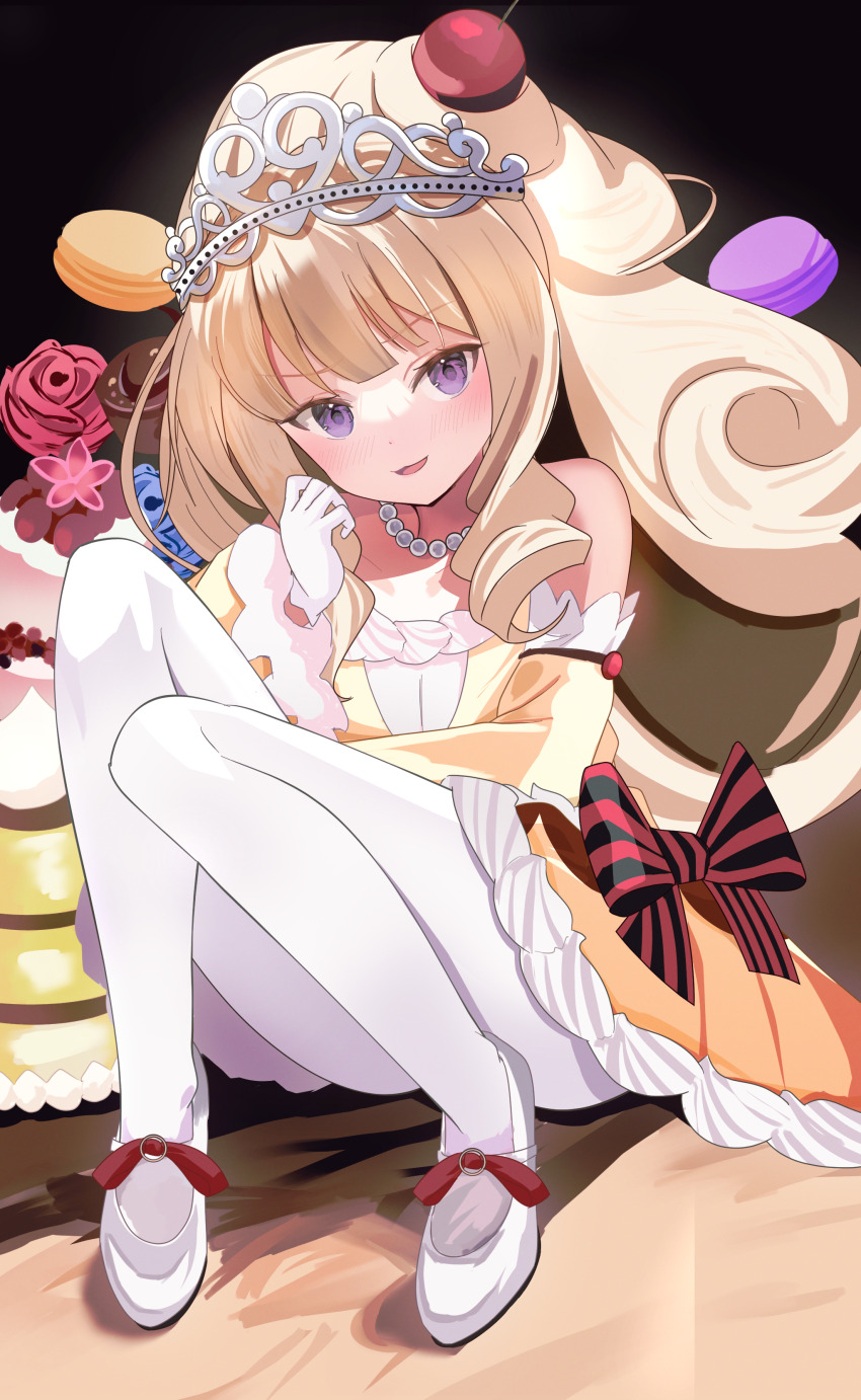 1girl absurdres aventador blonde_hair blush bow cake cherry chocolate commission dress duel_monster flower food food-themed_hair_ornament fruit hair_ornament highres long_hair macaron madolche_puddingcess pixiv_commission purple_eyes rose sitting solo tiara very_long_hair yu-gi-oh!