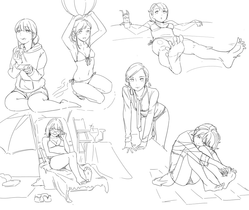 1girl ass ball beachball bikini bra breasts collage deck_chair greyscale highres holding holding_ball holding_beachball lineart long_hair looking_at_viewer monochrome navel norakura_(nr_kura) original panties ryuujou_(kancolle) sitting sketch sunglasses swimsuit underwear