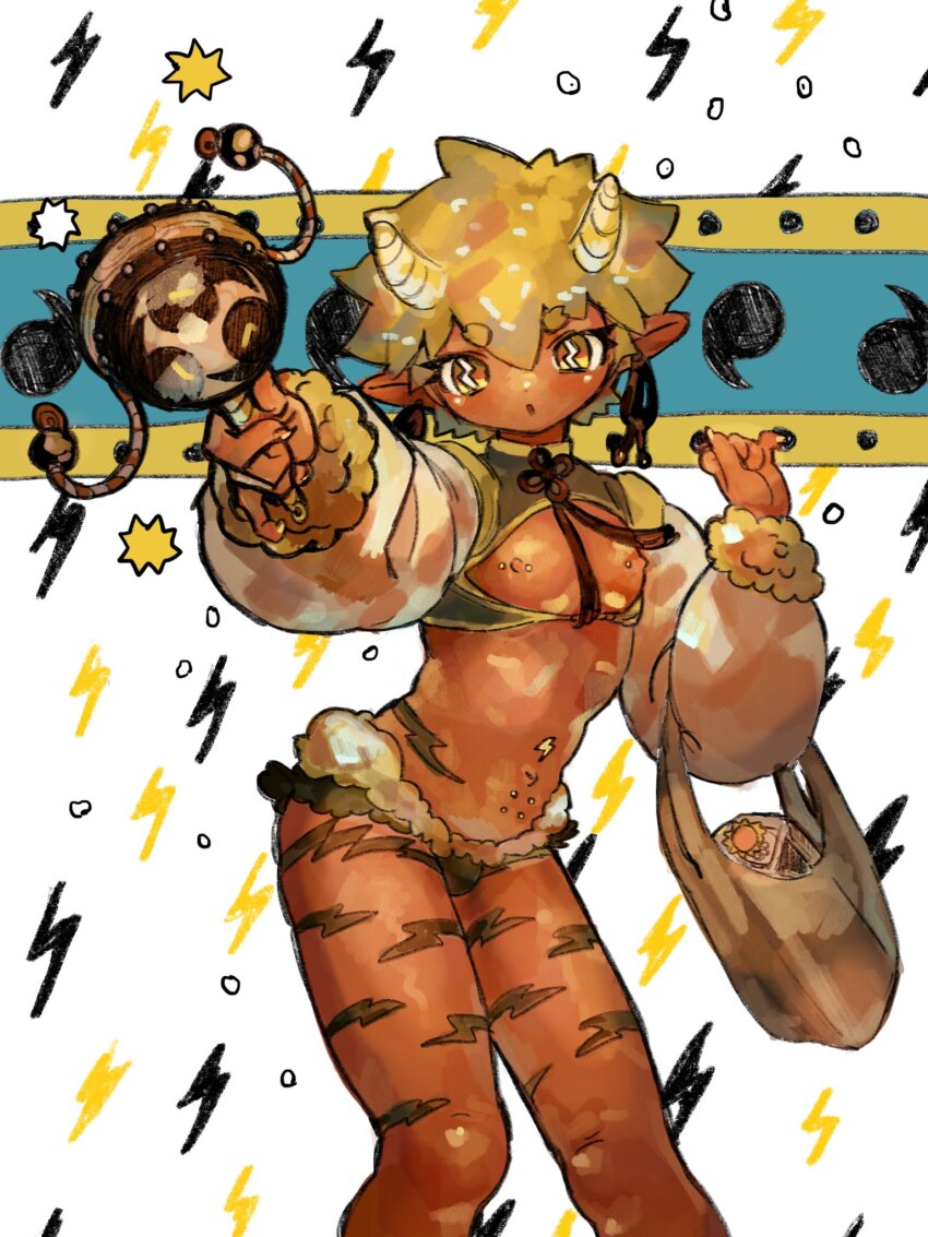 1boy :o bag blonde_hair bright_pupils bulge center_opening colored_skin cropped_shirt fur-trimmed_sleeves fur_trim hands_up highres holding horns long_sleeves looking_at_viewer male_focus micro_shorts navel_piercing nipple_piercing nipples oni orange_skin original piercing plastic_bag pointy_ears puffy_long_sleeves puffy_sleeves rattle_drum shima_(wansyon144) short_hair shorts simple_background solo standing symbol-shaped_pupils trap white_background yellow_eyes