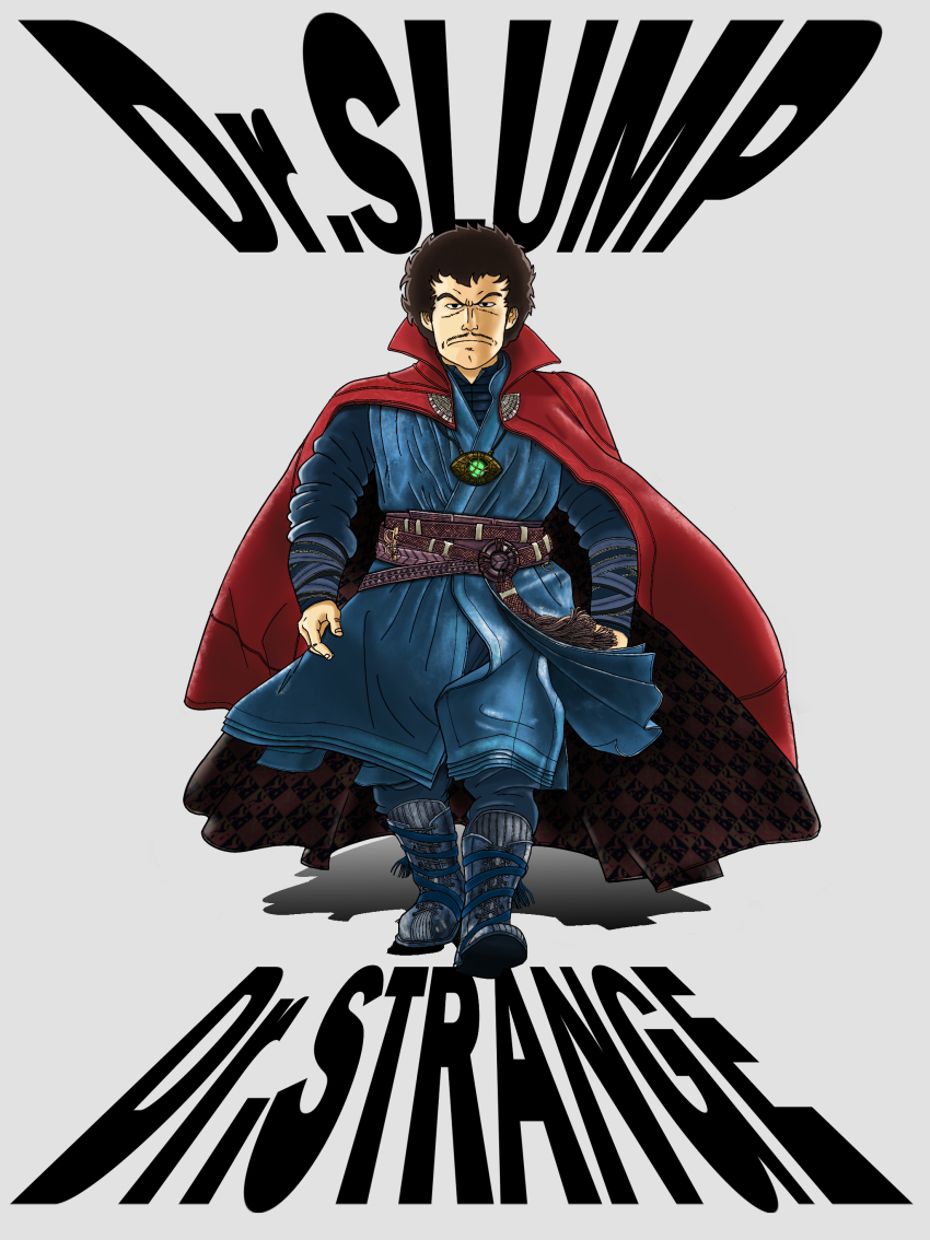 1boy absurdres artist_request black_hair boots cape doctor_strange doctor_strange_(series) dr._slump facial_hair full_body highres marvel marvel_cinematic_universe mustache name_connection norimaki_senbei parody serious solo walking