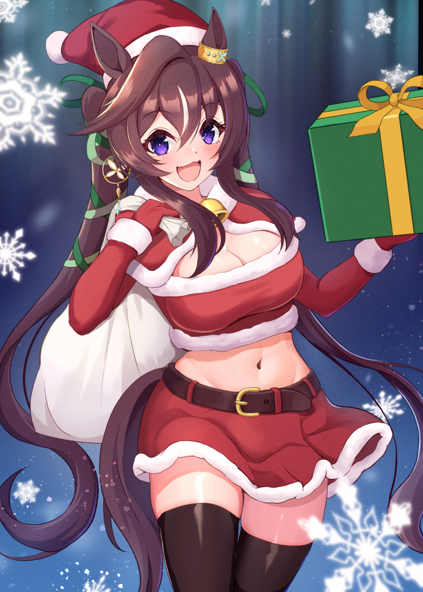 1girl absurdres animal_ears belt box breasts brown_hair cleavage commentary_request earrings elbow_gloves gift gift_box gloves hair_between_eyes hair_ornament hat highres holding holding_gift horse_ears horse_girl horse_tail jewelry medium_breasts midriff navel open_mouth purple_eyes santa_costume santa_hat shuten_(shutehaan) simple_background single_earring snowflakes solo tail thighhighs twintails umamusume vivlos_(umamusume)