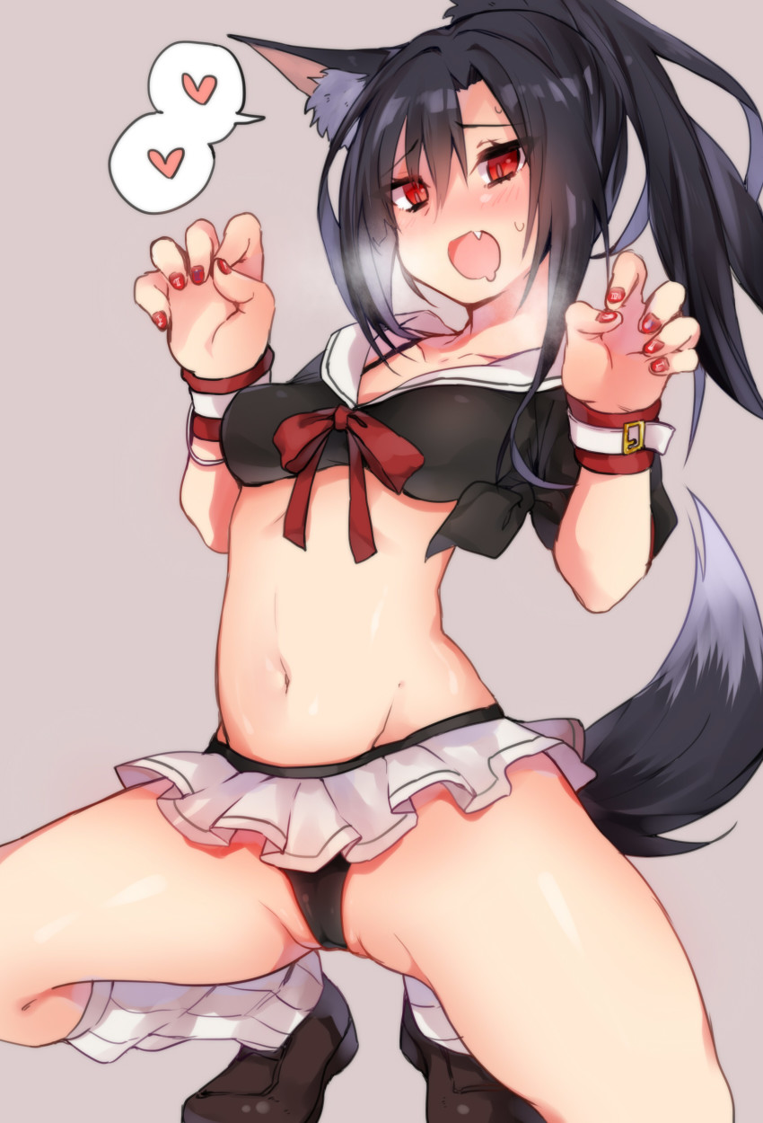 1girl absurdres animal_ears asymmetrical_bangs azur_lane bare_legs belly_rub black_serafuku breasts brown_footwear cameltoe commentary_request crop_top danimaru fang heart heavy_breathing highres medium_breasts midriff nail_polish navel open_mouth partially_visible_vulva pleated_skirt ponytail red_eyes red_nails red_ribbon ribbon school_uniform serafuku shigure_(azur_lane) skirt squatting tail wolf_ears wolf_tail