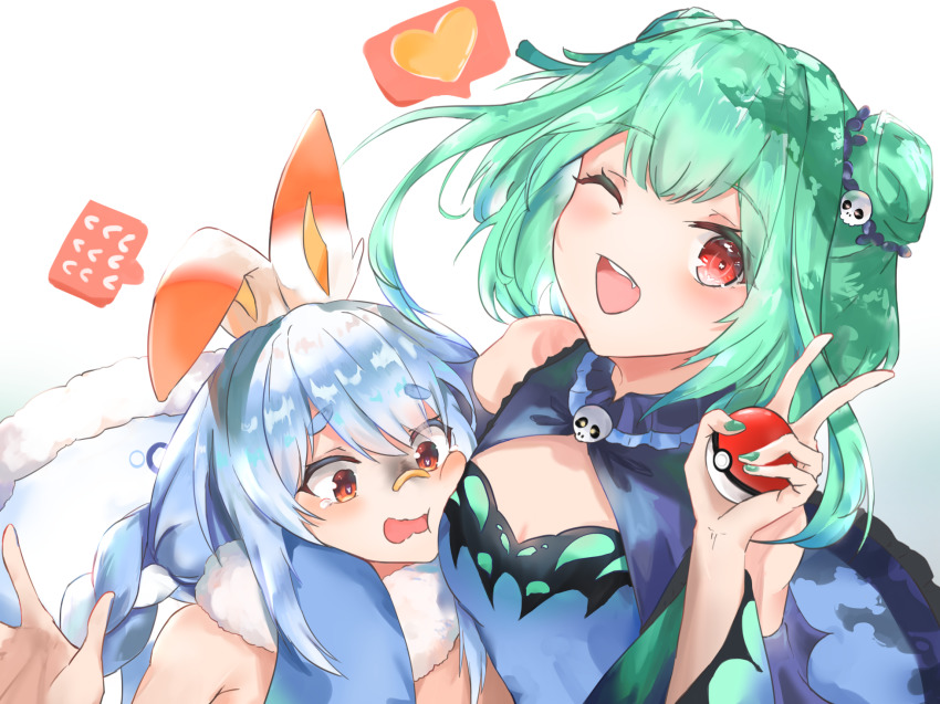 2girls animal_ears arm_around_neck breasts burn_mark cleavage cleavage_cutout clothing_cutout cosplay creatures_(company) crossover double_bun elphe from_above game_freak gen_8_pokemon green_eyes hair_bun hair_ornament heart highres holding holding_poke_ball hololive looking_down looking_up multiple_girls nintendo one_eye_closed open_hand open_mouth poke_ball pokemon rabbit_ears rabbit_girl scorbunny scorbunny_(cosplay) short_eyebrows short_hair skull_hair_ornament small_breasts spoken_heart tearing_up trait_connection uruha_rushia uruha_rushia_(1st_costume) usada_pekora usada_pekora_(1st_costume) virtual_youtuber