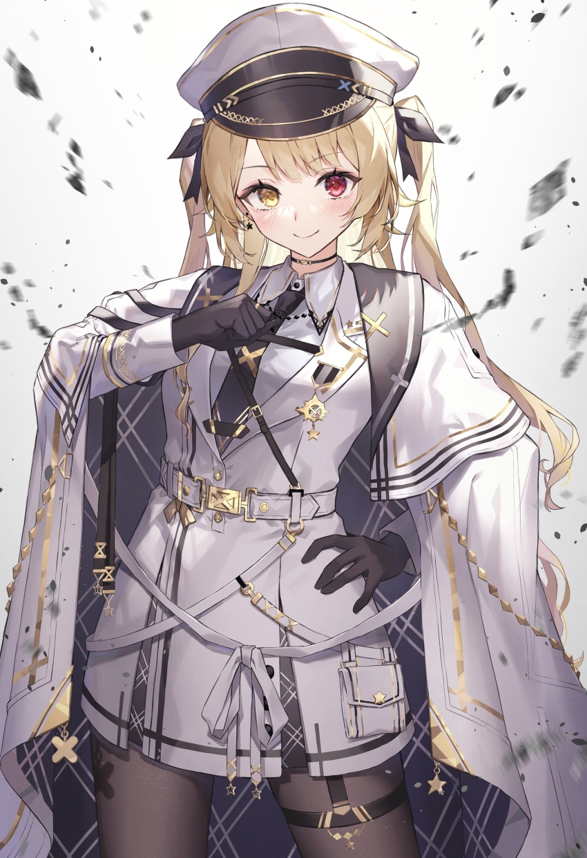 1girl absurdres belt black_gloves black_necktie black_pantyhose blonde_hair closed_mouth coat coat_on_shoulders collar_chain_(jewelry) earrings gloves hat heterochromia highres hoshikawa_sara hoshikawa_sara_(6th_costume) jewelry long_hair looking_at_viewer military_hat military_uniform myske_(myst34415756) necktie nijisanji official_alternate_costume pantyhose peaked_cap red_eyes smile solo star_(symbol) star_earrings thigh_strap twintails very_long_hair virtual_youtuber white_belt white_coat yellow_eyes