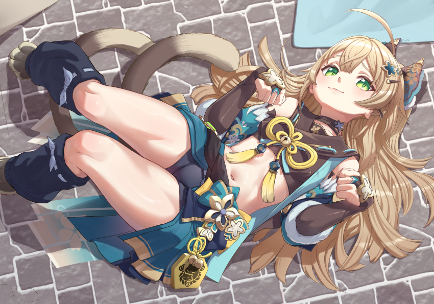 1girl ahoge bare_shoulders black_shirt blonde_hair cat_tail commentary crop_top genshin_impact green_eyes highres kirara_(genshin_impact) leg_warmers long_hair looking_at_viewer luizhtx lying midriff multiple_tails navel on_back paw_pose shirt smile solo stomach tail thighs two_tails very_long_hair