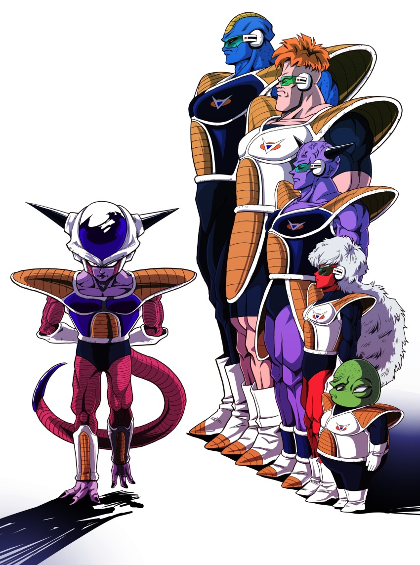 1st_form_frieza 6+boys absurdres alien armor arms_behind_back blue_skin boots brown_hair burter captain_ginyu closed_eyes collarbone colored_skin commentary_request dragon_ball dragonball_z frieza ginyu_force green_skin guldo height_difference highres jeice lineup long_hair male_focus multiple_boys muscular pink_skin purple_skin recoome red_eyes red_skin scouter serious shadow shinomiya_akino simple_background skin_tight spikes tail veins white_background white_hair