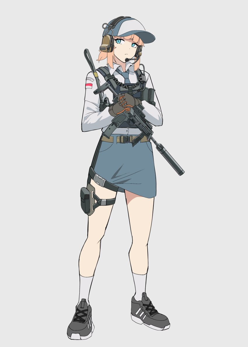 1girl absurdres baseball_cap blue_eyes blue_necktie blue_sky chest_rig expressionless gar32 grey_background gun h&amp;k_mp7 hat headset highres indonesian_flag looking_at_viewer necktie optical_sight original shirt sky solo submachine_gun suppressor weapon white_shirt