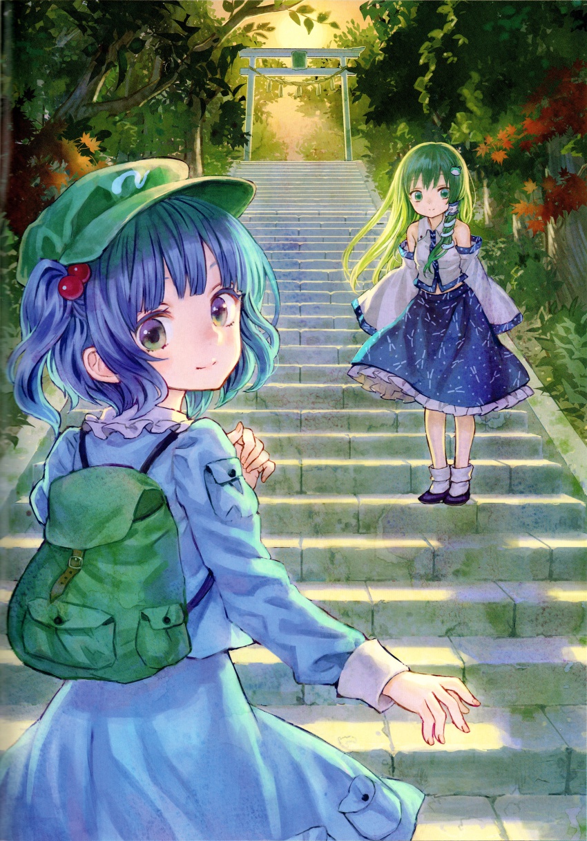 2girls absurdres ama-tou backpack bag blue_eyes blue_hair blush detached_sleeves frilled_skirt frills frog_hair_ornament green_eyes green_hair hair_bobbles hair_ornament hair_tubes hat highres huge_filesize kawashiro_nitori kochiya_sanae leaf long_hair long_sleeves looking_at_viewer maple_leaf midriff multiple_girls nature pocket scan shirt short_hair skirt skirt_set smile snake_hair_ornament socks stairs torii touhou tree twintails two_side_up vest white_legwear wide_sleeves