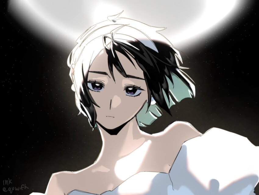 1girl alien_stage bare_shoulders black_background black_hair commentary dress earrings english_commentary hairband highres ink_(inkypyon) jewelry moon portrait puffy_sleeves purple_eyes short_hair sua_(alien_stage) twitter_username white_dress white_hairband