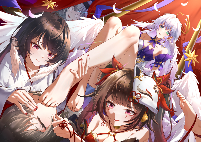 5girls :d absurdres bare_shoulders black_hair blush breasts chan_sang chinese_commentary cleavage closed_eyes facial_mark feathered_wings feathers firefly_(honkai:_star_rail) fox_mask green_eyes grey_hair halo head_wings highres honkai:_star_rail honkai_(series) japanese_clothes long_hair mask mask_on_head multiple_girls open_mouth purple_eyes robin_(honkai:_star_rail) smile sparkle_(honkai:_star_rail) stelle_(honkai:_star_rail) tears toe_sucking trailblazer_(honkai:_star_rail) twintails veil white_wings wings yunli_(honkai:_star_rail) yuri