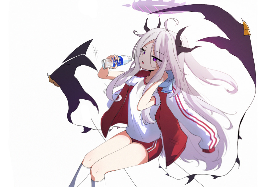 1girl black_halo blue_archive blush bottle breasts demon_girl demon_horns demon_wings gym_uniform halo highres hina_(blue_archive) holding holding_bottle horns jacket kiroshi long_hair looking_at_viewer open_mouth purple_eyes simple_background small_breasts solo thighhighs thighs white_background white_hair white_thighhighs wings