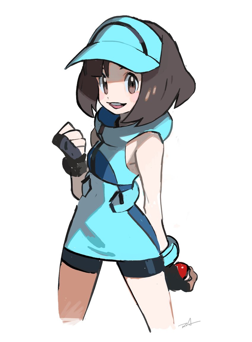 1girl absurdres ace_trainer_(pokemon) bike_shorts black_gloves bob_cut brown_eyes brown_hair clenched_hand creatures_(company) fingerless_gloves game_freak gloves highres holding holding_poke_ball nintendo npc_trainer open_mouth poke_ball poke_ball_(basic) pokemon pokemon_sm signature simple_background sleeveless smile solo tokiya visor_cap white_background