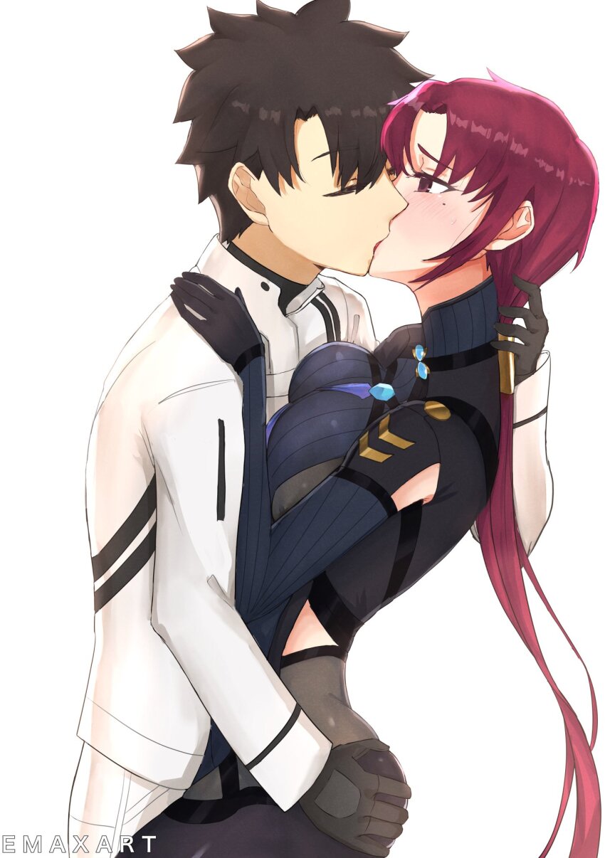 1boy 1girl bazett_fraga_mcremitz black_gloves black_hair breasts closed_eyes commission commissioner_upload emaxart fate/grand_order fate/hollow_ataraxia fate_(series) fujimaru_ritsuka_(male) fujimaru_ritsuka_(male)_(decisive_battle_chaldea_uniform) gloves hand_on_another&#039;s_ass highres kiss long_hair red_hair short_hair tagme