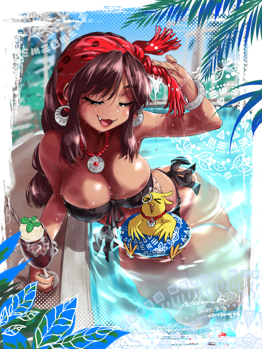 &gt;_&lt; 1girl bikini bird black_bikini blue_eyes blush bracelet braid breasts brown_hair cup dark-skinned_female dark_skin dated drinking_glass earrings fangs fingernails food gypsy half-closed_eyes headband highres hoop_earrings ice ice_cream ice_cream_float ice_cube innertube jewelry large_breasts long_fingernails mocha_(nekoguchi) necklace nekoguchi open_mouth original palm_leaf pool poolside red_headband shiny_skin signature swim_ring swimsuit thick_thighs thigh_strap thighs twitter_username wafer_stick water wet wet_clothes