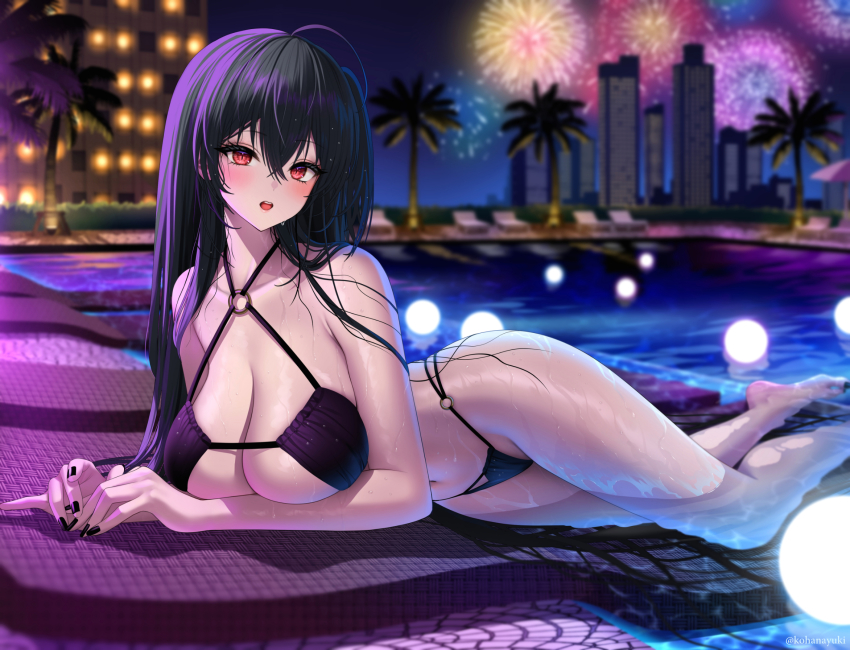 1girl ahoge azur_lane bare_shoulders bikini black_hair black_nails blush breasts building cleavage collarbone crossed_bangs fireworks hair_between_eyes highres huge_breasts kohanayuki large_breasts long_hair looking_at_viewer nail_polish o-ring o-ring_bikini open_mouth pool poolside red_eyes smile solo swimsuit taihou_(azur_lane) tree very_long_hair wet