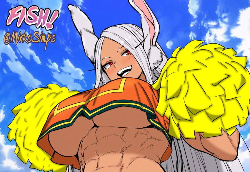 1girl :d abs animal_ears artist_collaboration artist_name blue_sky blush boku_no_hero_academia breasts cheerleader cloud cloudy_sky colorized commentary crop_top crop_top_overhang dark-skinned_female dark_skin english_commentary highres holding holding_pom_poms large_breasts long_eyelashes long_hair looking_at_viewer mirko mirkosimps muscular muscular_female navel obliques open_mouth orange_shirt parallaxfused parted_bangs pom_pom_(cheerleading) pom_poms rabbit_ears rabbit_girl red_eyes shirt sky smile solo stomach teeth twitter_username u.a._cheerleader_uniform underboob upper_body very_long_hair white_hair