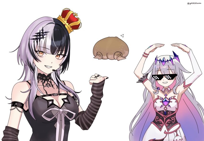 2girls arm_strap arms_up black_choker black_corset black_dress black_hair black_nails breasts chest_jewel choker cleavage corset crown deal_with_it_(meme) dress frog gototo_touma grey_hair grin hair_ornament hand_jewel highres hololive hololive_english jewel_under_eye jewelry koseki_bijou koseki_bijou_(1st_costume) large_breasts long_hair meme microphone mini_crown multicolored_hair multiple_girls ribbon ring shiori_novella shiori_novella_(1st_costume) simple_background smile split-color_hair sunglasses teeth twitter_username two-tone_hair virtual_youtuber white_background white_dress white_ribbon yellow_eyes