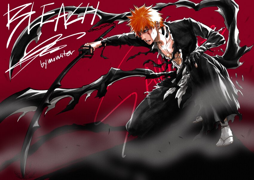 1boy absurdres artist_name bankai black_hakama bleach bleach:_sennen_kessen-hen blood blood_on_face brown_eyes chain clenched_teeth collarbone copyright_name dust gloves hair_between_eyes hakama hand_on_own_knee highres holding holding_sword holding_weapon japanese_clothes kurosaki_ichigo male_focus monster_art_(rlawnsgr7) obi orange_hair parted_lips pectoral_cleavage pectorals red_background sample_watermark sandals sash shadow signature solo spiked_hair squatting sword tabi teeth tensa_zangetsu_(bankai) torn_clothes torn_gloves waraji watermark weapon zanpakutou