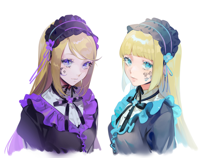 2girls black_choker black_ribbon blue_eyes blue_theme choker closed_mouth facial_tattoo hairband highres hortense_(sound_horizon) lolita_hairband looking_at_viewer multiple_girls neck_ribbon ohisashiburi purple_eyes purple_theme ribbon ribbon_choker roman_(sound_horizon) siblings simple_background sisters smile sound_horizon tattoo twins violette_(sound_horizon) white_background