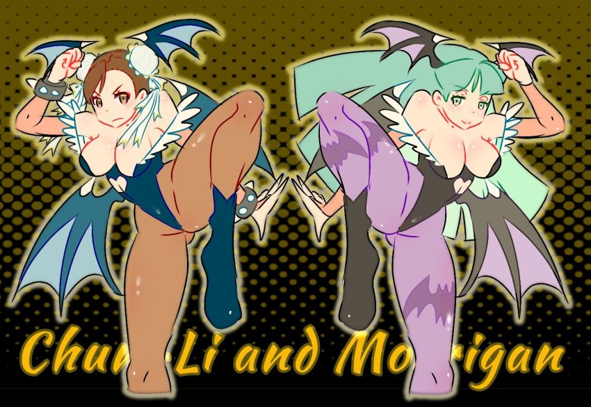 2girls adapted_costume alternate_costume animal_print aqua_eyes arm_support bare_shoulders bat_print bat_wings boots bracelet breasts bridal_gauntlets brown_eyes brown_hair brown_legwear bun_cover capcom chun-li cleavage cleavage_cutout clothing_cutout commentary_request company_connection cosplay demon_girl double_bun fighting_stance green_hair hair_bun head_wings heart_cutout highleg highleg_leotard jewelry large_breasts leg_up leotard long_hair low_wings morrigan_aensland morrigan_aensland_(cosplay) multiple_girls pantyhose purple_legwear serious smile spiked_bracelet spikes street_fighter thick_thighs thighs darkstalkers wings y.o_(chuchu)