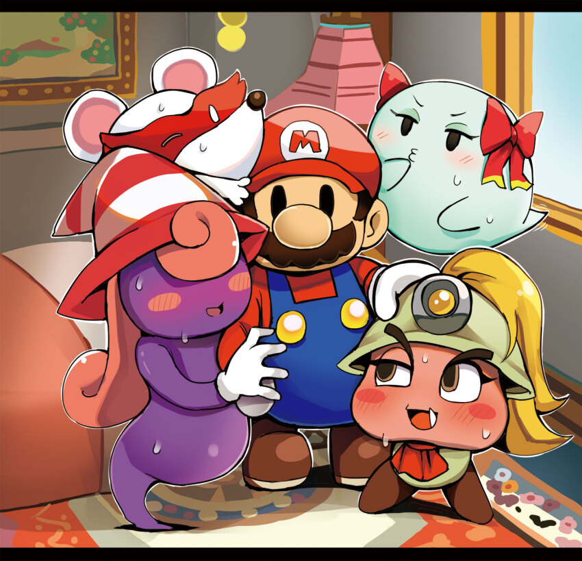 1boy 4girls bed big_nose blonde_hair blush_stickers bow_(paper_mario) colored_skin diz_(diznaoto) facial_hair ghost ghost_tail gloves goombella harem hat helmet highres mario mario_(series) mask ms._mowz multiple_girls mustache nintendo o3o paper_mario paper_mario:_the_thousand_year_door paper_mario_64 pink_hair purple_skin sweat tusks very_sweaty vivian_(paper_mario) white_gloves witch_hat