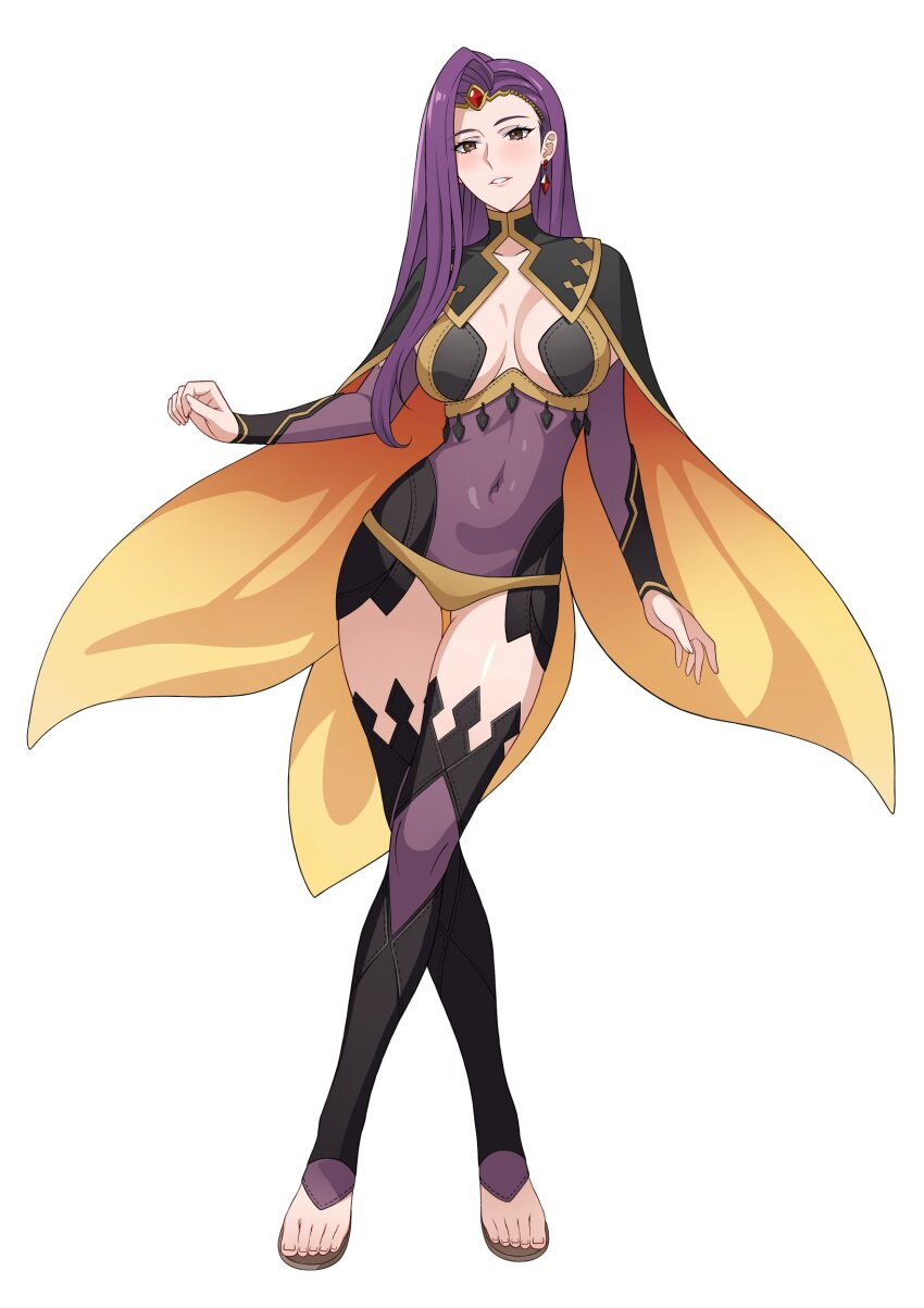 1girl absurdres alternate_costume black_bridal_gauntlets bodystocking breasts bridal_gauntlets cleavage commission covered_navel dark_mage_(fire_emblem_fates) fire_emblem fire_emblem_echoes:_shadows_of_valentia fire_emblem_gaiden highres hip_armor large_breasts long_hair looking_at_viewer nintendo panties revealing_clothes solo sonya_(fire_emblem_gaiden) toeless_footwear two-tone_legwear underwear vodka13