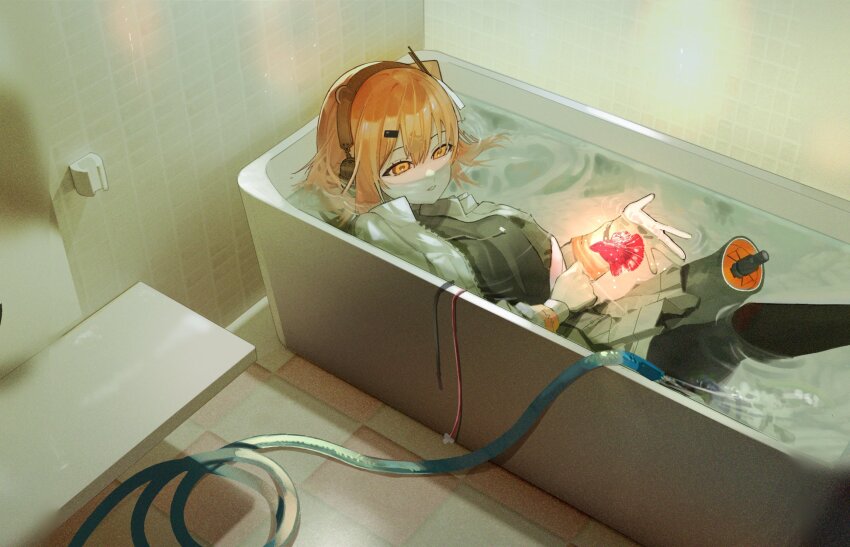 1girl a.i._voice adachi_rei amputee android asano_goji bathing bathroom bathtub black_leggings black_pantyhose black_shirt breasts cable clothed_bath commentary fish floating_hair gloves glowing grey_skirt hair_ornament hair_ribbon hairclip half-closed_eyes hand_on_own_stomach headphones highres hose indoors jacket leggings legs_up light_smile long_sleeves looking_at_animal lying mechabare medium_breasts medium_hair missing_limb mouth_under_water on_back one_side_up open_clothes open_jacket orange_eyes orange_hair pantyhose parted_lips partially_submerged radio_antenna ribbon ripples shirt skirt solo tile_wall tiles utau water white_gloves white_jacket white_ribbon zipper