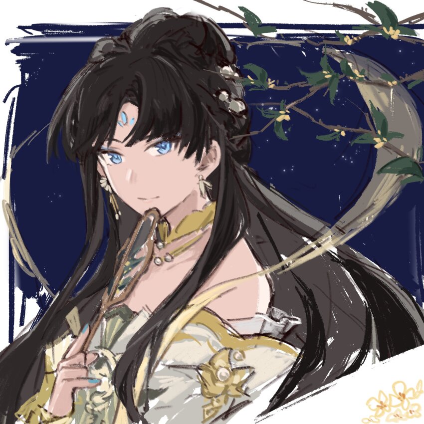 1girl bare_shoulders black_hair blue_eyes branch character_request closed_mouth detached_sleeves dress facial_mark forehead_mark forever_7th_capital hagoromo hand_fan highres holding holding_fan jiaoyu leaf long_hair looking_at_viewer osmanthus paper_fan parted_bangs shawl smile solo uchiwa upper_body very_long_hair white_dress