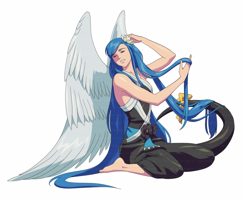 1girl absurdres angel_wings ashensol bare_shoulders barefoot black_dress blue_hair dizzy_(guilty_gear) dress feathered_wings feet flower guilty_gear guilty_gear_strive hair_flower hair_ornament hand_in_own_hair highres long_hair monster_girl open_mouth partially_shaded_face queen_dizzy ribbon simple_background sitting sleeveless sleeveless_dress smile solo swept_bangs tail tail_ornament tail_ribbon toes wariza white_background wings yellow_ribbon