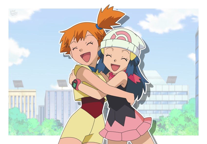 2girls asymmetrical_hair beanie black_dress blue_hair bracelet cityscape commission creatures_(company) dawn_(pokemon) dress closed_eyes game_freak gen_3_pokemon gen_4_pokemon hat highres hug jewelry lukas_thadeu medium_hair miniskirt misty_(pokemon) multicolored_clothes multiple_girls nintendo orange_hair pink_skirt pokemon pokemon_(anime) pokemon_dppt_(anime) pokemon_rse_(anime) ponytail red_shirt second-party_source shirt short_hair shorts side_ponytail signature skirt undershirt white_headwear yellow_shirt yellow_shorts