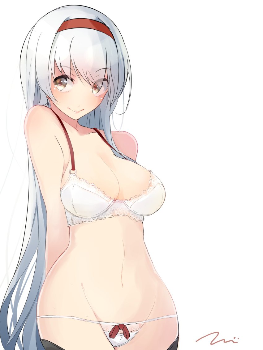 10s 1girl alternate_costume arm_behind_back bare_shoulders bow bow_panties bra breasts brown_eyes cleavage commentary_request eyebrows female_focus hairband headband highres kantai_collection light_smile long_hair looking_at_viewer medium_breasts navel panties shoukaku_(kancolle) sideboob simple_background solo tebi_(tbd11) underwear white_background white_bra white_hair white_panties