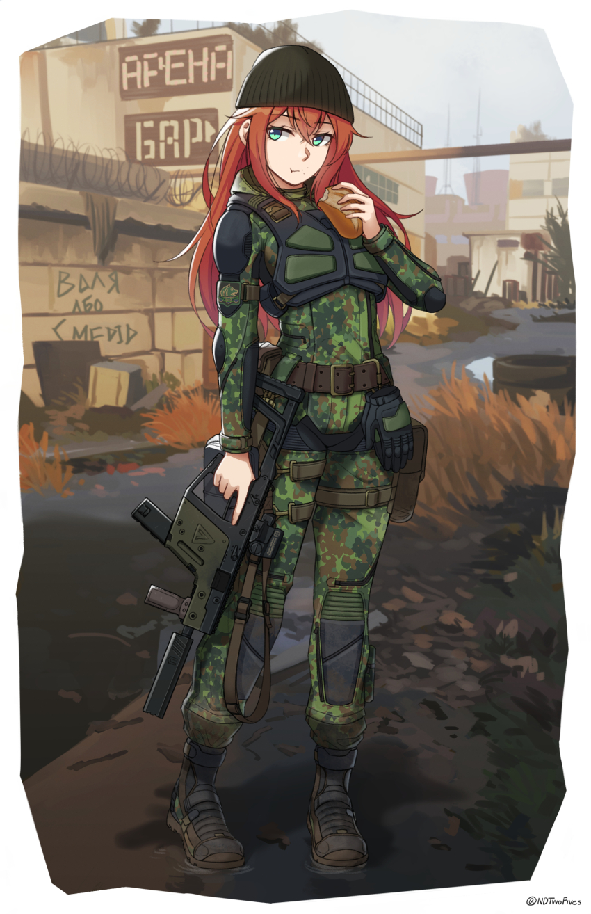 1girl :t absurdres beanie black_footwear black_hat blue_eyes boots bread brown_hair building camouflage camouflage_jacket camouflage_pants closed_mouth commentary day eating english_commentary flecktarn food green_jacket green_pants gun hat highres holding holding_food holding_gun holding_weapon jacket kriss_vector long_hair looking_at_viewer ndtwofives outdoors pants railing russian_text sky solo stalker_(game) stalker_2:_heart_of_chornobyl submachine_gun translation_request very_long_hair weapon