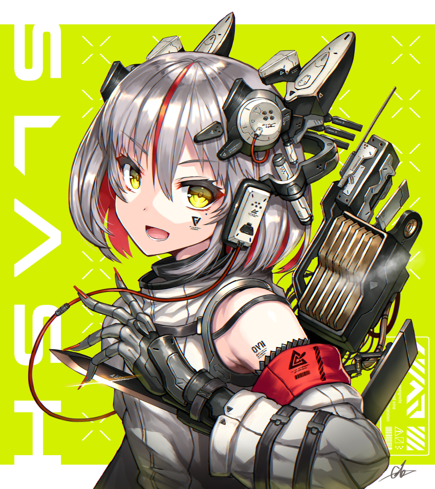 colored_inner_hair cyberpunk cyborg detached_sleeves facial_tattoo gia grey_hair headgear highres looking_at_viewer mechanical_arms multicolored_hair open_mouth original red_hair short_hair single_mechanical_arm streaked_hair tattoo two-tone_hair upper_body weapon yellow_eyes