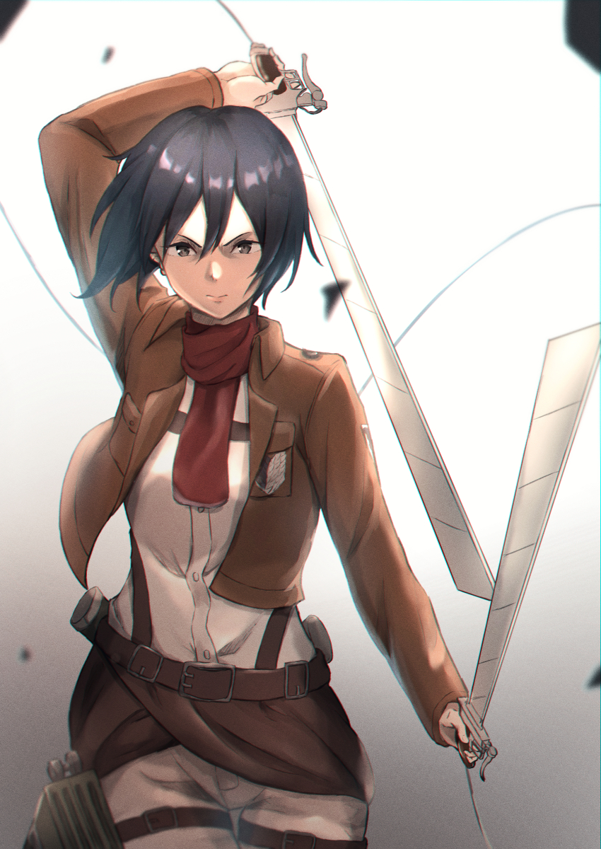 1girl absurdres ambi1017 arm_over_head belt black_eyes black_hair breasts brown_jacket closed_mouth commentary_request cowboy_shot dual_wielding emblem hair_between_eyes highres holding holding_sword holding_weapon jacket long_sleeves looking_at_viewer medium_breasts medium_hair mikasa_ackerman open_clothes paradis_military_uniform red_scarf scarf sheath shingeki_no_kyojin shirt simple_background solo standing survey_corps_(emblem) sword thigh_strap three-dimensional_maneuver_gear weapon white_background white_shirt