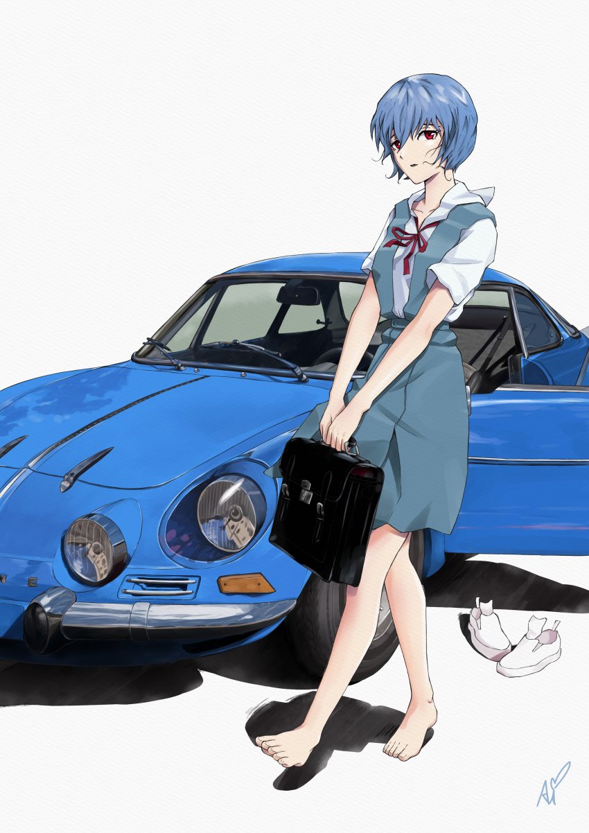 1girl absurdres aishiteiruyo ayanami_rei bag blue_car blue_hair bow car highres neon_genesis_evangelion red_bow red_eyes renault renault_alpine_a110 school_bag uniform vehicle_focus