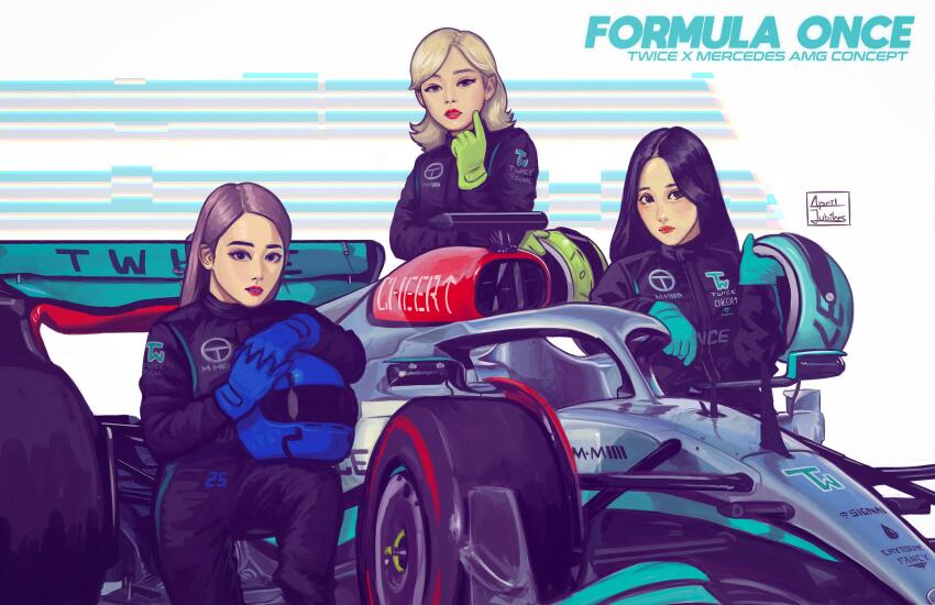 3girls absurdres april_jubilees aqua_gloves artist_name black_eyes black_hair black_jumpsuit blonde_hair blue_gloves car commentary copyright_name crossover english_commentary formula_one formula_racer gloves green_gloves grey_car helmet highres holding holding_helmet jeongyeon_(twice) jumpsuit k-pop long_hair medium_hair mercedes-benz mina_(twice) motor_vehicle multiple_girls on_one_knee purple_hair race_vehicle racecar racing_suit real_life red_lips spoiler_(automobile) twice_(group) tzuyu_(twice) unworn_headwear unworn_helmet