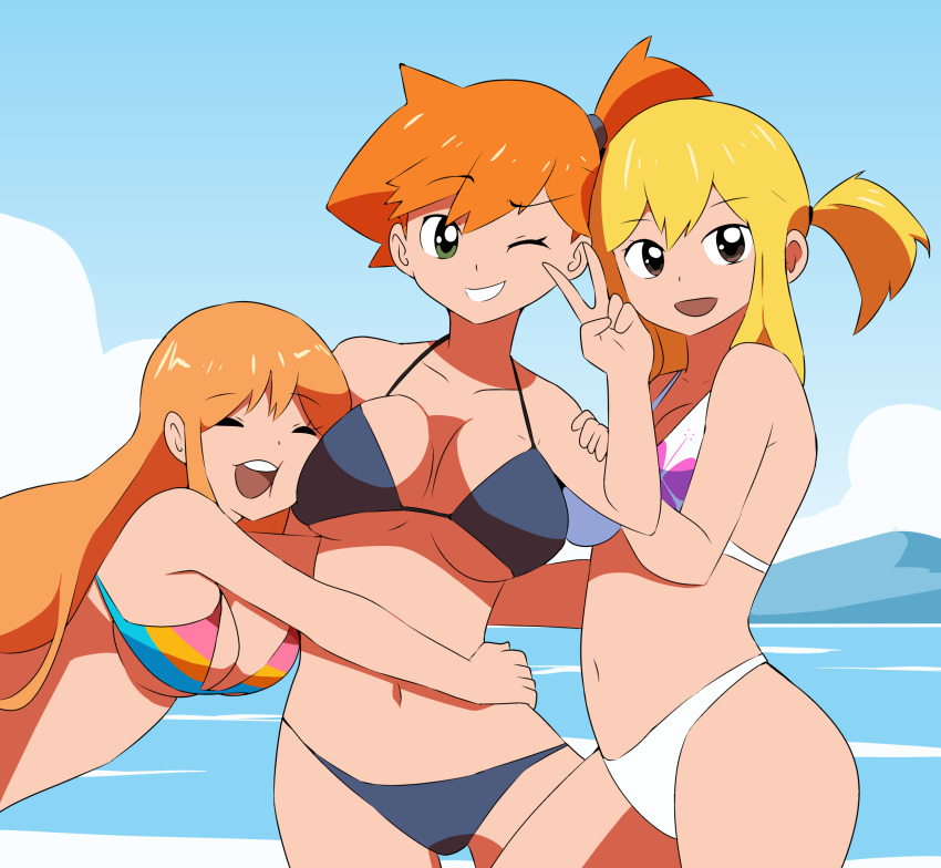 3girls :d asymmetrical_hair beach bikini black_bikini blonde_hair blue_bikini blue_sky blush breasts brown_eyes cleavage cloud cowboy_shot creatures_(company) crossover day fairy_tail female_focus game_freak green_eyes grin hair_tie highres hug large_breasts lirudraw long_hair looking_at_viewer lucy_heartfilia medium_breasts misty_(pokemon) multicolored_bikini multicolored_clothes multicolored_swimsuit multiple_girls nami_(one_piece) navel nintendo ocean one_eye_closed one_piece one_side_up open_mouth orange_hair outdoors pokemon pokemon_rgby ponytail short_hair side_ponytail sky smile striped_bikini striped_clothes swimsuit teeth thighs trait_connection underboob upper_teeth_only v water white_bikini wink