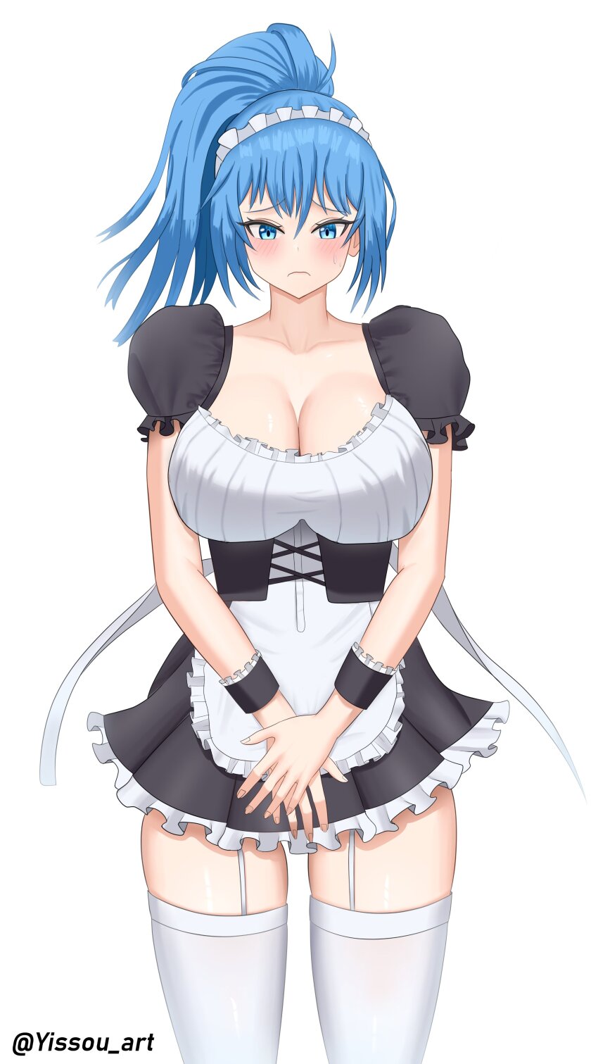 1girl absurdres alternate_costume apron black_dress blue_eyes blue_hair blush breasts cleavage commission cowboy_shot dress embarrassed enmaided frilled_apron frills garter_straps highres large_breasts leona_heidern looking_at_viewer maid maid_apron maid_headdress ponytail puffy_sleeves solo the_king_of_fighters thighhighs waist_apron white_apron white_background yissou_art