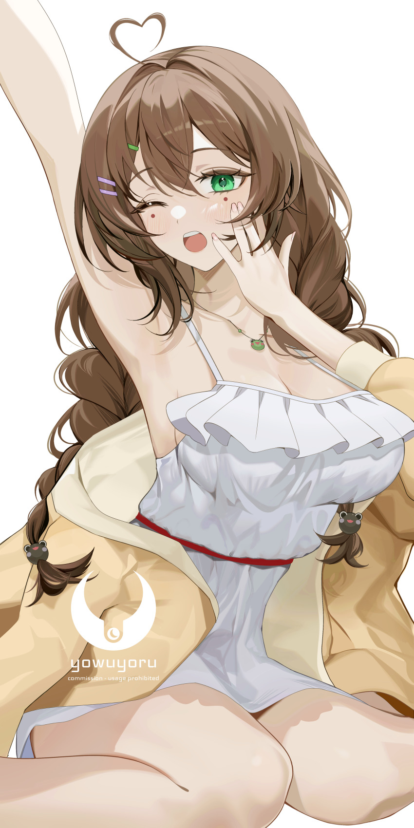 1girl ;o absurdres ahoge arm_up armpits breasts brown_hair cleavage commentary commission dress facial_mark green_eyes hair_intakes hair_ornament hairclip hand_up heart heart_ahoge highres jacket large_breasts long_hair looking_at_viewer mark_under_both_eyes one_eye_closed open_mouth original simple_background sitting sleeveless sleeveless_dress solo spaghetti_strap very_long_hair wariza white_background white_dress yellow_jacket yoru_(yowuyoru)