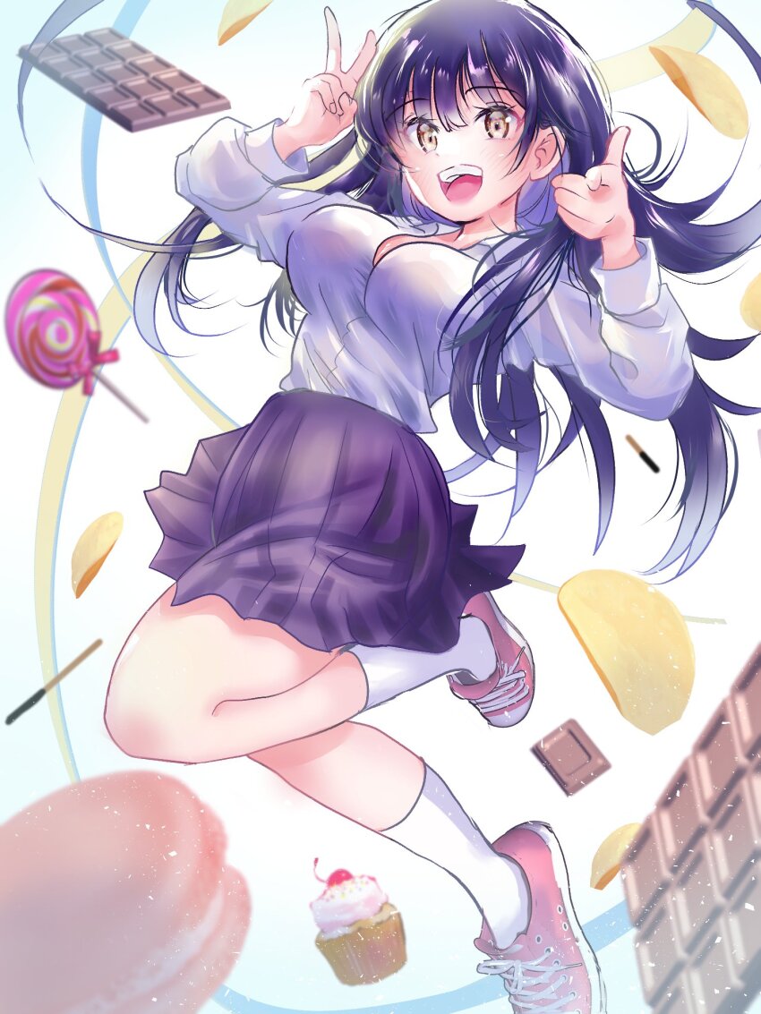 1girl blue_hair blush boku_no_kokoro_no_yabai_yatsu breasts brown_eyes candy chips_(food) chocolate chocolate_bar cocoa_(i3wp6cg4v5kvutt) collared_shirt dark_blue_hair food full_body gun handgun hands_up highres jumping lollipop long_hair long_sleeves looking_at_viewer macaron medium_breasts muffin open_mouth pink_footwear pleated_skirt pocky potato_chips purple_skirt shirt shoes skirt sneakers socks upper_body v weapon white_shirt white_socks yamada_anna