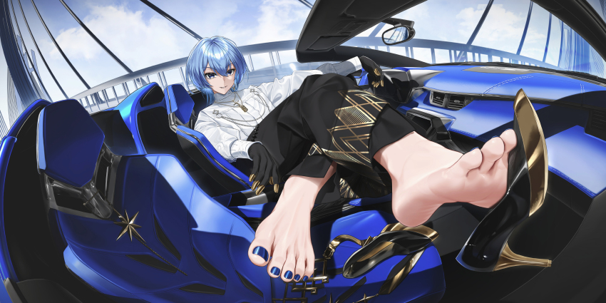 1girl absurdres barefoot black_footwear black_gloves blue_eyes blue_hair blue_nails car crossed_legs feet fuann gloves grin hair_between_eyes high_heels highres hololive hoshimachi_suisei jewelry looking_at_viewer motor_vehicle nail_polish necklace short_hair sitting smile solo toenail_polish toenails virtual_youtuber