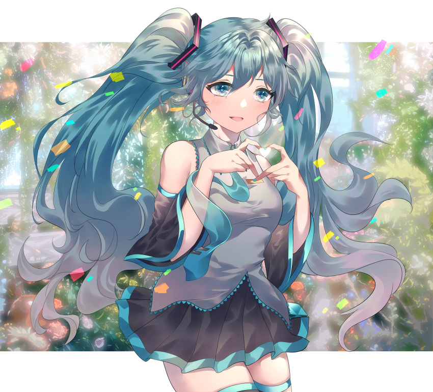 1girl :d bare_shoulders black_skirt black_sleeves black_thighhighs blue_eyes blue_hair blue_nails blue_necktie blush breasts collared_shirt commentary confetti cowboy_shot detached_sleeves grey_shirt hair_between_eyes hands_up hatsune_miku headphones headset heart heart_hands highres long_hair long_sleeves nail_polish necktie open_mouth pleated_skirt rhea_(0u0) see-through_clothes shirt skindentation skirt sleeveless sleeveless_shirt small_breasts smile solo thighhighs tie_clip twintails very_long_hair vocaloid wide_sleeves