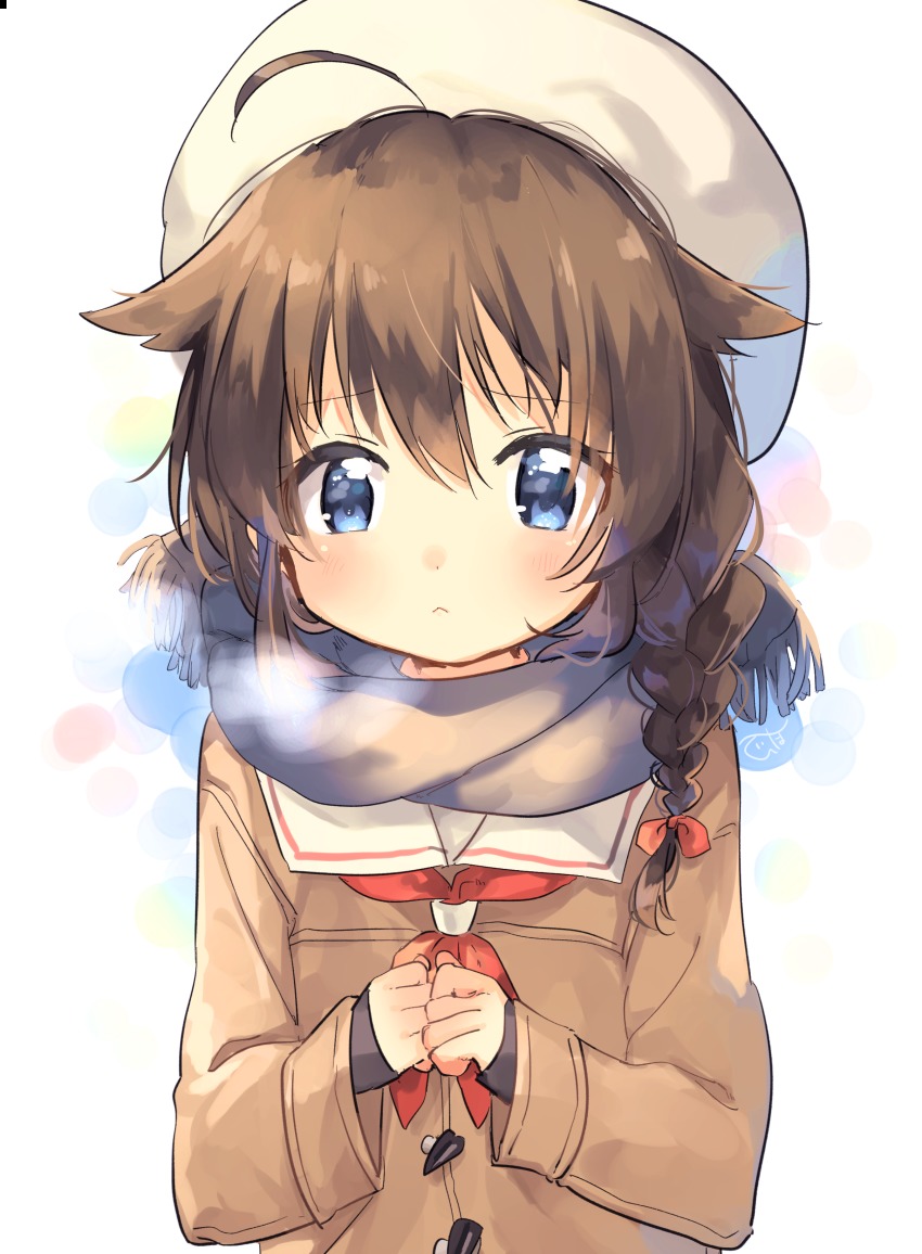 10s 1girl absurdres beret blue_eyes blush bow braid breath brown_hair brown_jacket closed_mouth cold female_focus frown hair_between_eyes hair_bow hair_flaps hair_over_shoulder hat highres jacket kantai_collection long_sleeves looking_at_viewer neckerchief red_bow red_neckerchief scarf school_uniform serafuku shigure_(kancolle) shigure_kai_ni_(kancolle) simple_background single_braid solo upper_body white_background white_hat zuho_(vega)