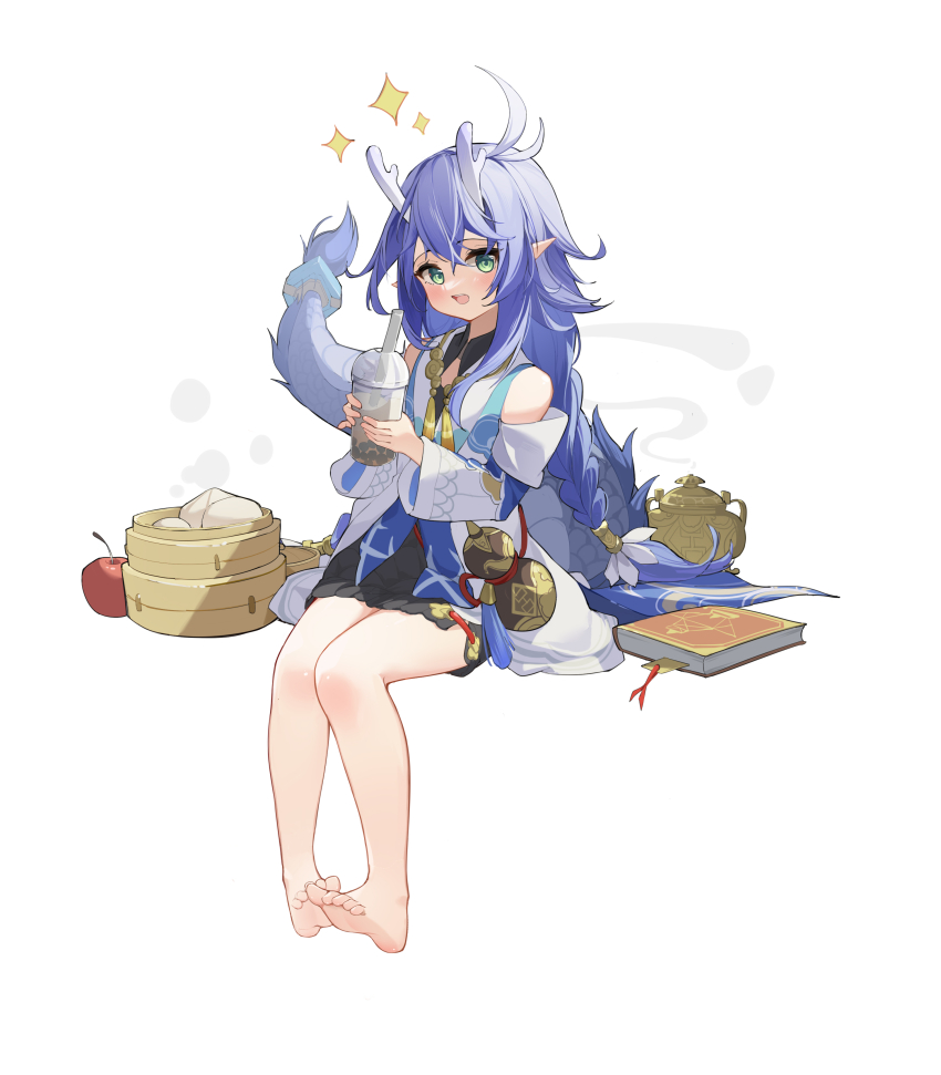 1girl absurdres bailu_(honkai:_star_rail) bamboo_steamer baozi barefoot blush book bookmark bubble_tea chinese_clothes detached_sleeves dragon_girl dragon_horns dragon_tail flat_chest food full_body green_eyes hair_between_eyes highres honkai:_star_rail honkai_(series) horns long_hair looking_at_viewer ningmeng_jing_jing_jing_jing open_mouth pointy_ears purple_hair simple_background sitting soles solo sparkle tail toes very_long_hair white_background