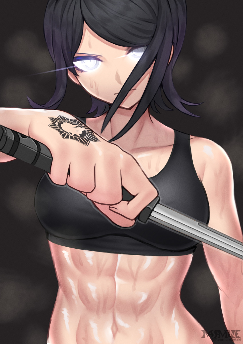 1girl abs artist_name black_background black_bra black_hair bra closed_mouth collarbone danganronpa:_trigger_happy_havoc danganronpa_(series) female_focus glowing glowing_eyes grey_eyes hand_tattoo holding holding_knife holding_weapon ikusaba_mukuro knife looking_at_viewer masamune_oekaki muscular muscular_arms muscular_female muscular_woman parted_bangs signature simple_background solo sports_bra sweat sweatdrop tattoo tattoo_on_hand underwear upper_body weapon wolf