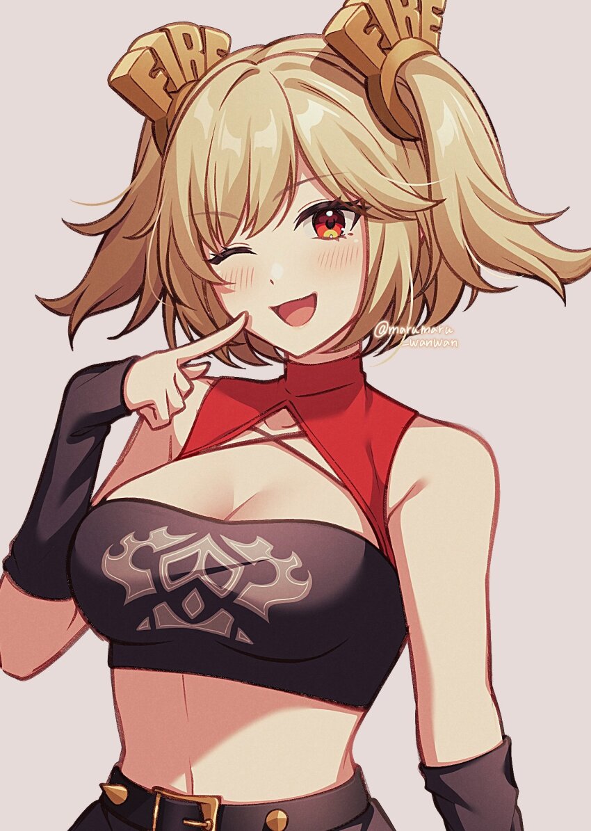 1girl artist_name black_shirt black_shorts black_sleeves blonde_hair blush breasts burnice_white crop_top eyewear_on_head hair_ornament highres long_hair looking_at_viewer medium_breasts medium_hair midriff navel one_eye_closed open_mouth pochimaru_(marumaru_wanwan) red_eyes shirt shorts smile solo twintails twitter_username zenless_zone_zero