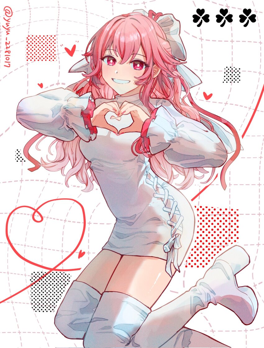 1girl boots bow breasts dress grin hair_bow heart heart_hands long_hair long_sleeves looking_at_viewer medium_breasts momoi_airi pink_eyes pink_hair project_sekai smile solo thigh_boots thighhighs white_bow white_dress white_footwear white_thighhighs yu_(yuyu)