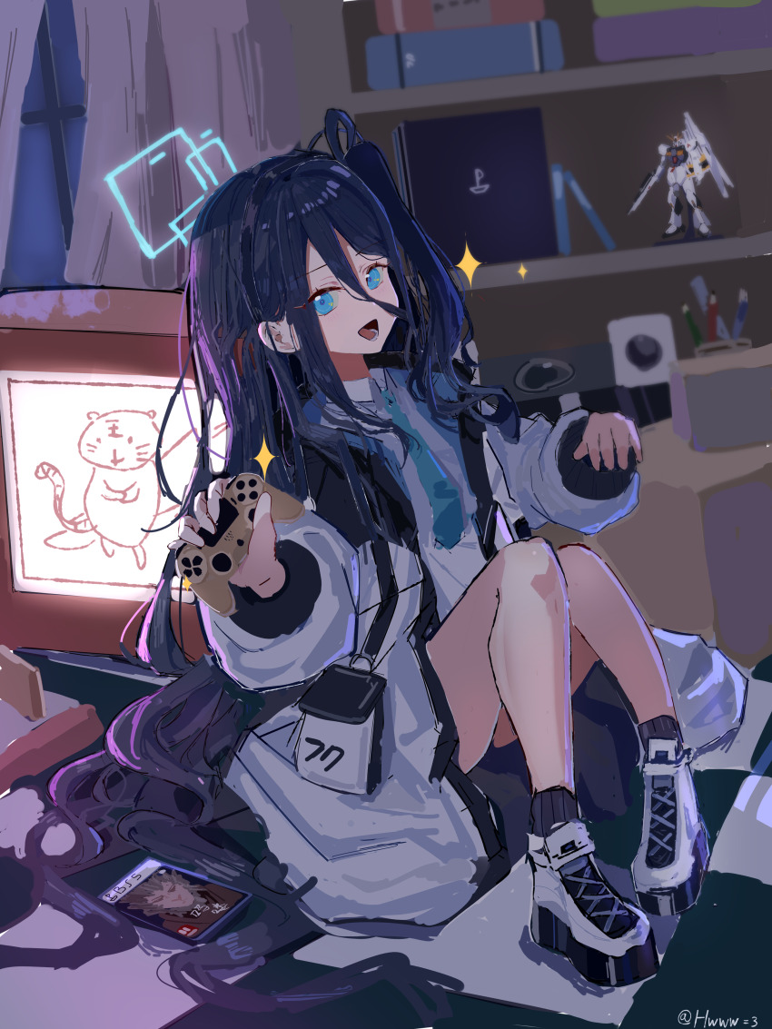 1girl absurdres aris_(blue_archive) black_hair blue_archive blue_eyes blue_halo blue_necktie bookshelf cat controller crt game_console game_controller hair_between_eyes halo highres holding holding_controller holding_game_controller hwww=3 jacket long_bangs long_hair loosely_tucked_bangs mecha_pilot_suit necktie on_floor open_mouth pen playstation_4 shirt sidelocks sitting very_long_hair white_footwear white_jacket white_shirt