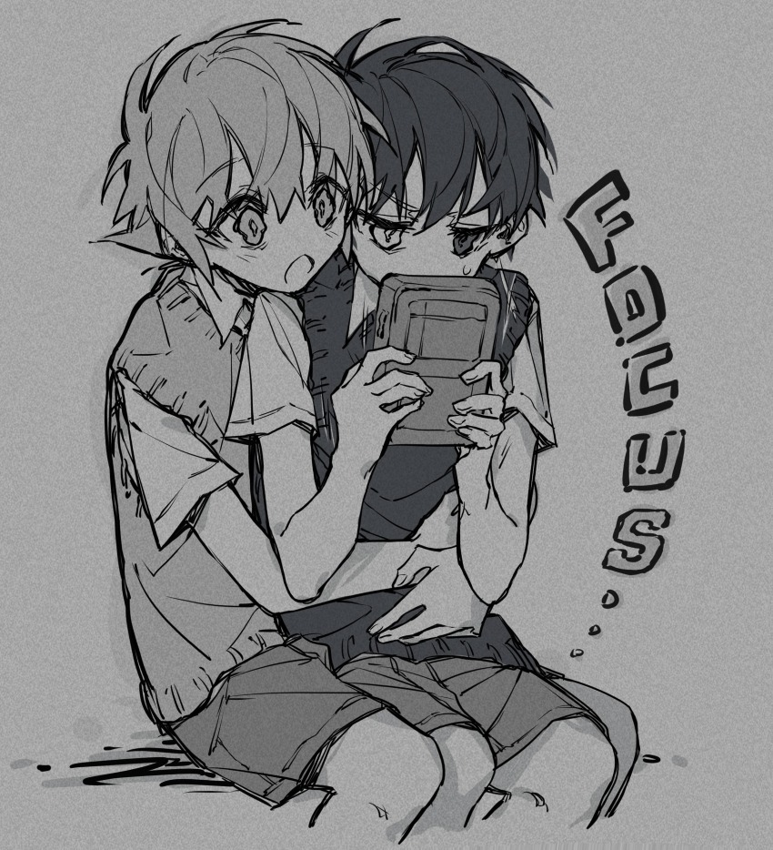 2boys absurdres basil_(faraway)_(omori) basil_(omori) collared_shirt game_boy greyscale handheld_game_console highres holding holding_handheld_game_console hug kyannu monochrome multiple_boys omori open_mouth shirt short_hair short_sleeves shorts sitting spoilers sunny_(omori) sweater_vest