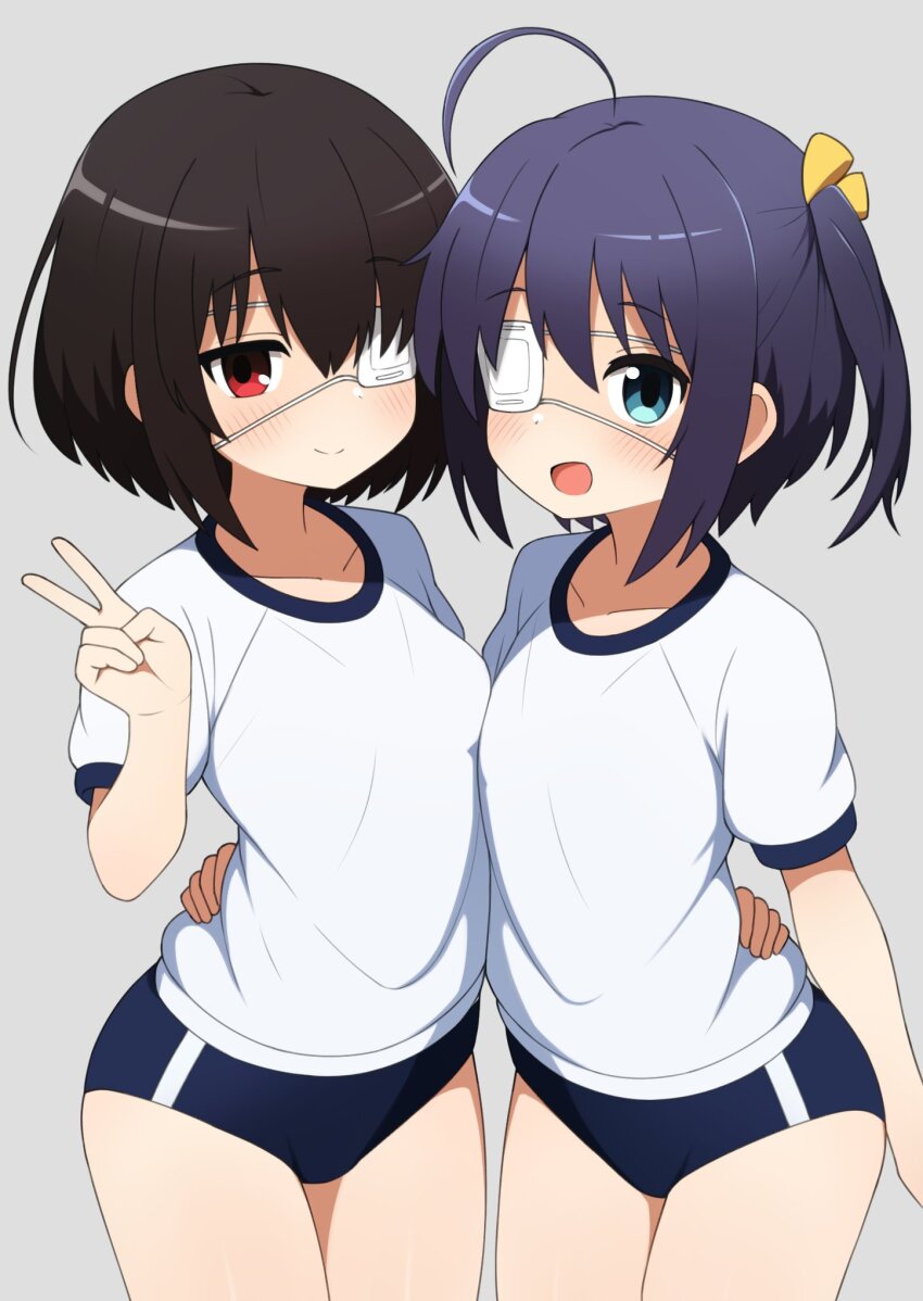 2girls :d ahoge another black_hair blue_buruma blue_eyes blue_hair buruma chuunibyou_demo_koi_ga_shitai! commentary cowboy_shot crossover eyepatch grey_background gym_shirt gym_uniform hair_ribbon highres medical_eyepatch mikoscrub misaki_mei multiple_girls one_side_up open_mouth red_eyes ribbon shirt short_hair short_sleeves simple_background smile standing takanashi_rikka thighs trait_connection white_shirt yellow_ribbon